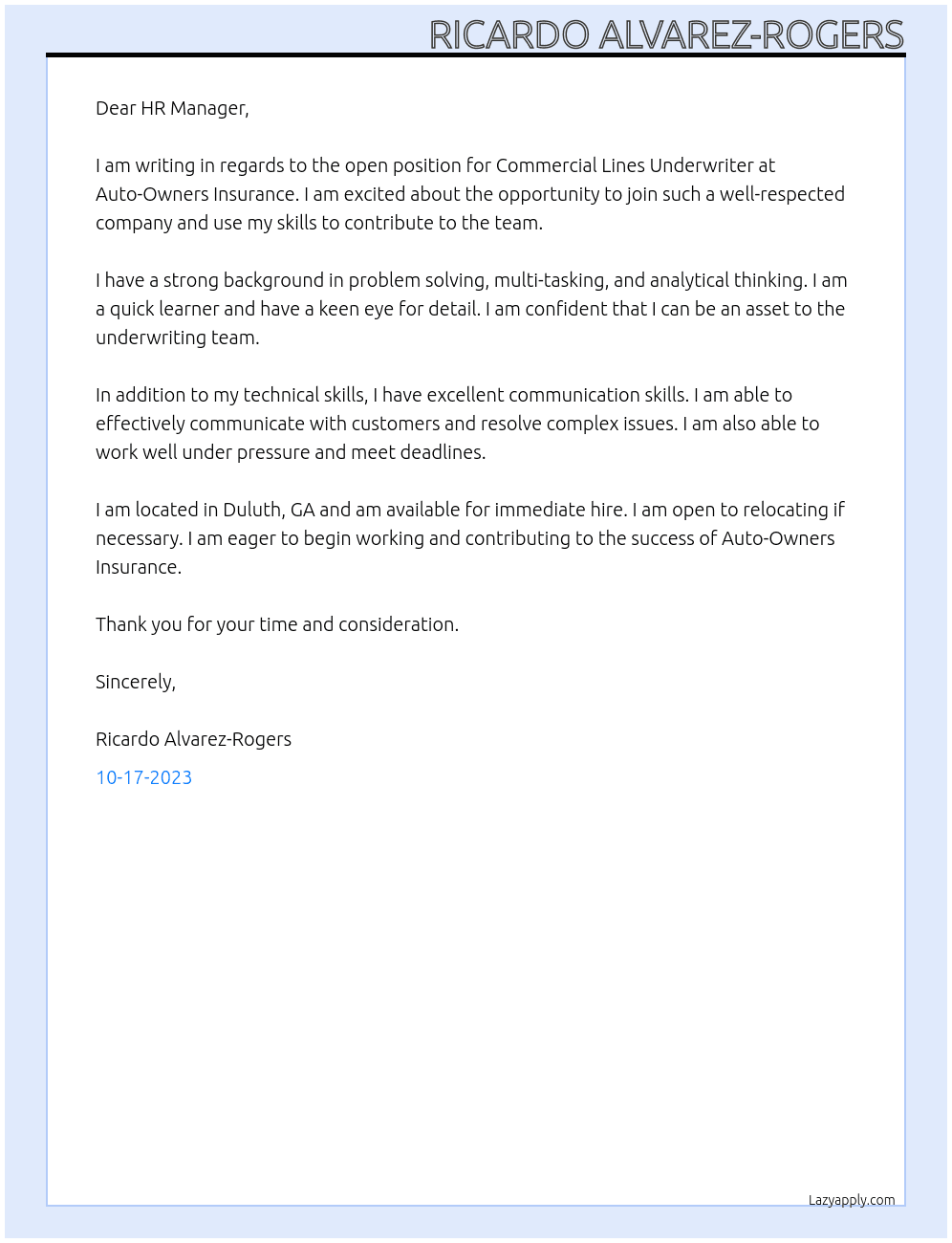 COMMERCIAL LINES UNDERWRITER At Auto-Owners Insurance Cover Letter