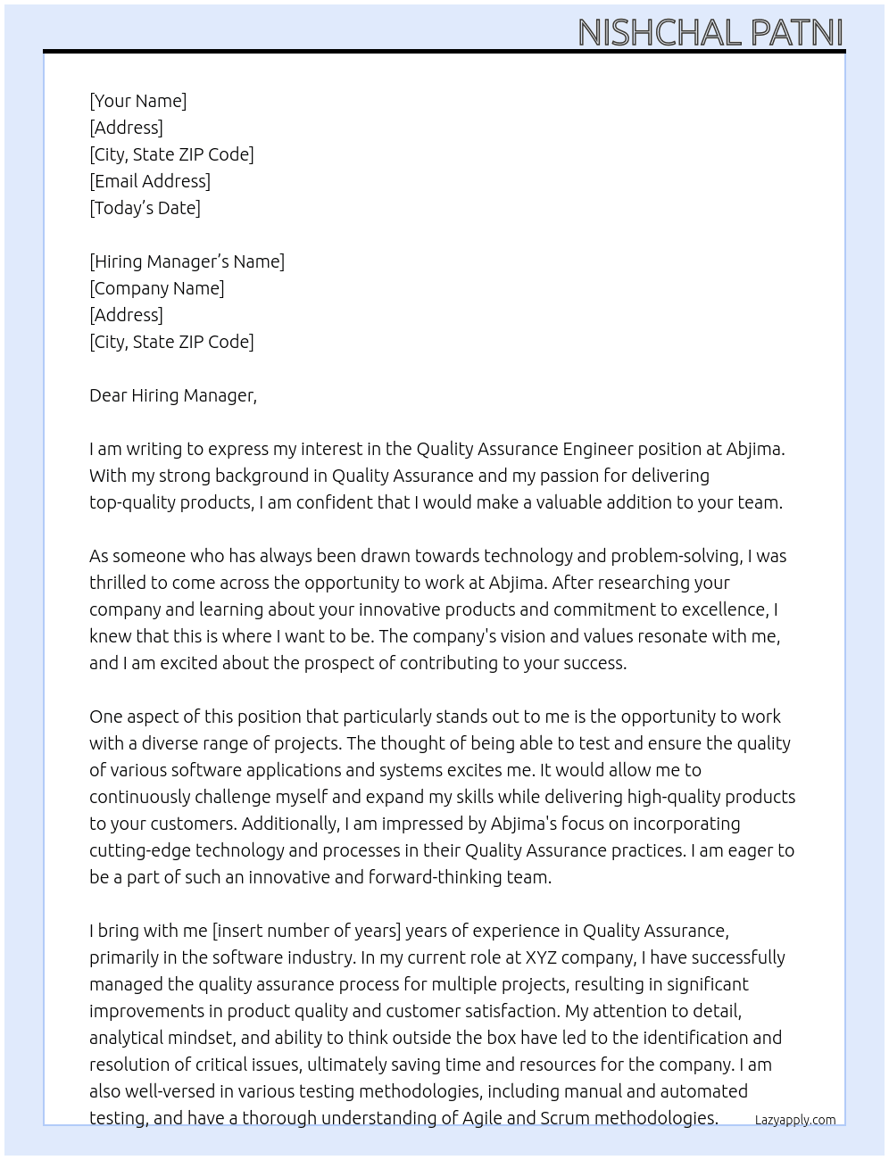 Quality Assurance Engineer At Abjima Cover Letter