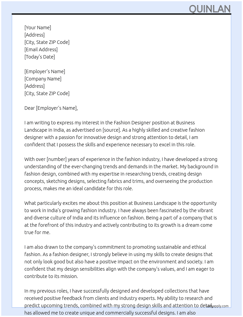 fashion designe At Business landscape in India. Cover Letter