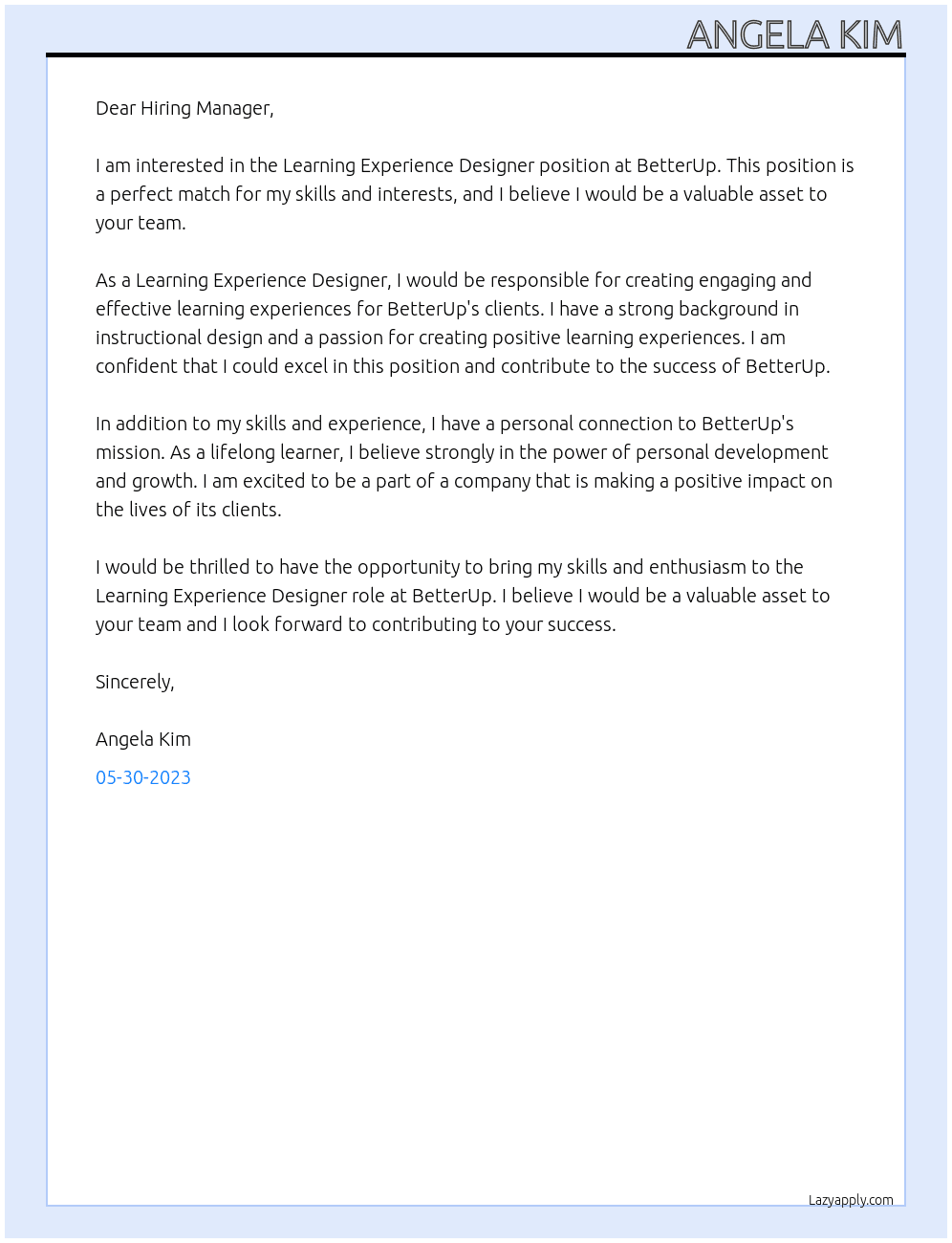 Learning Experience Designer At BetterUp Cover Letter