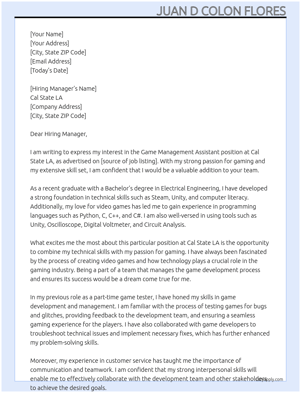 Game management assistant   At Cal State LA Cover Letter