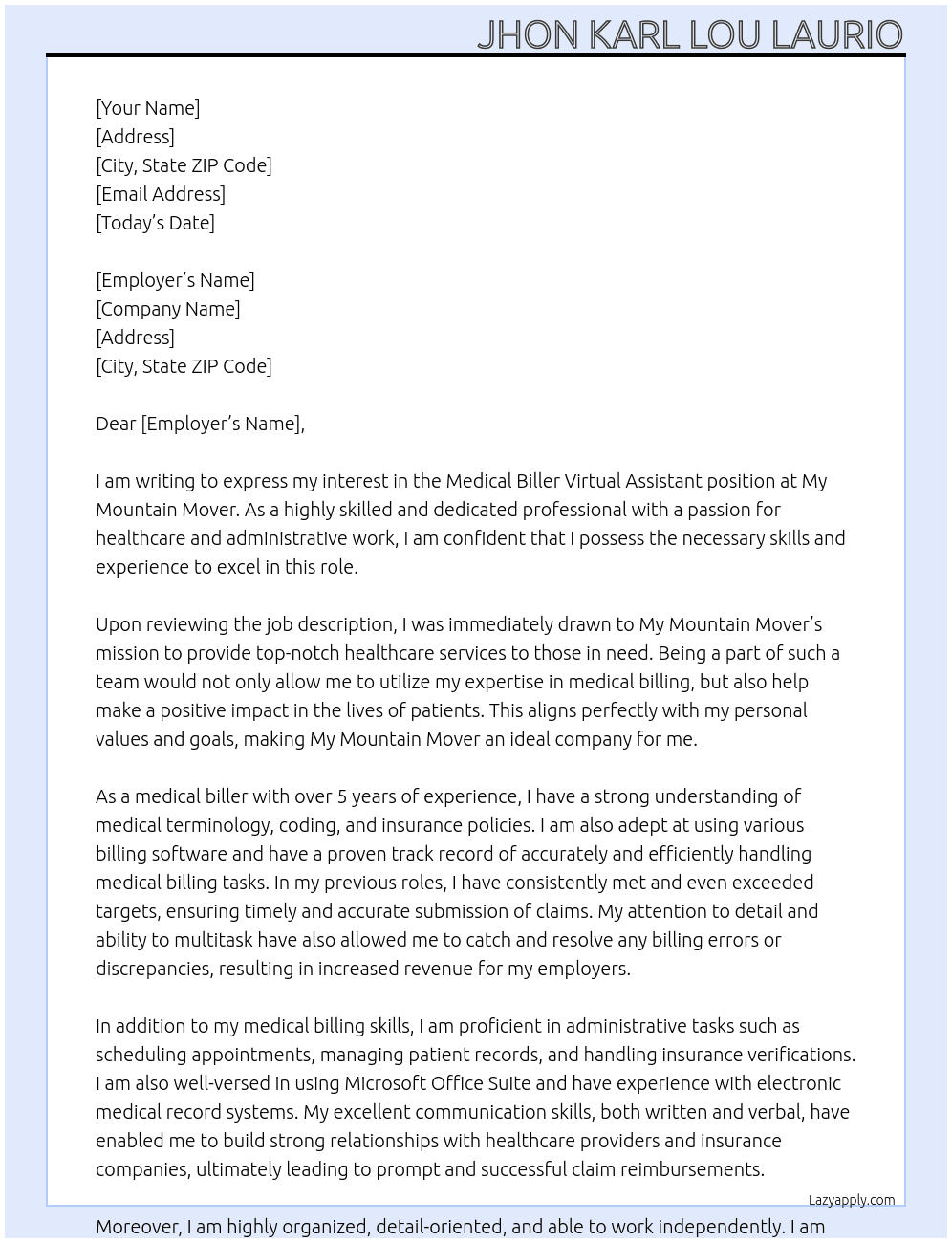 Cover letter for medical biller virtual assistant - LazyApply