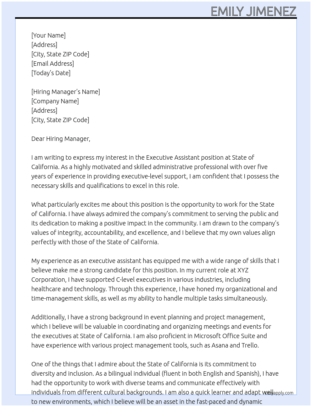 executive assistant At State of California Cover Letter