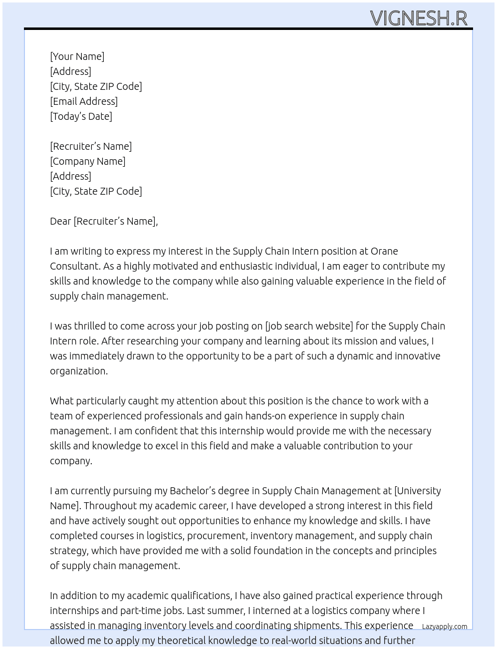 Supply chain intern  At Orane consultant  Cover Letter