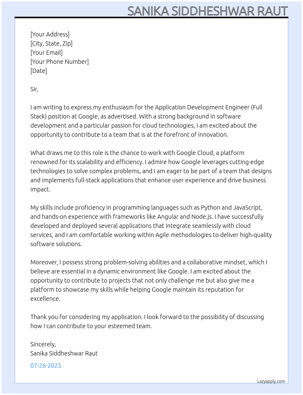 Cover letter for application development engineer full stack google cloud - LazyApply