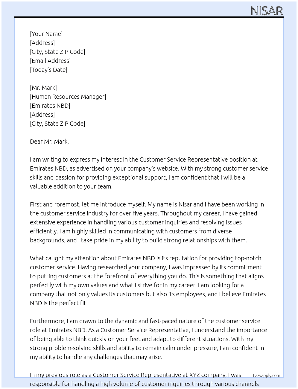 Customer Service Representative At Emirates NBD Cover Letter