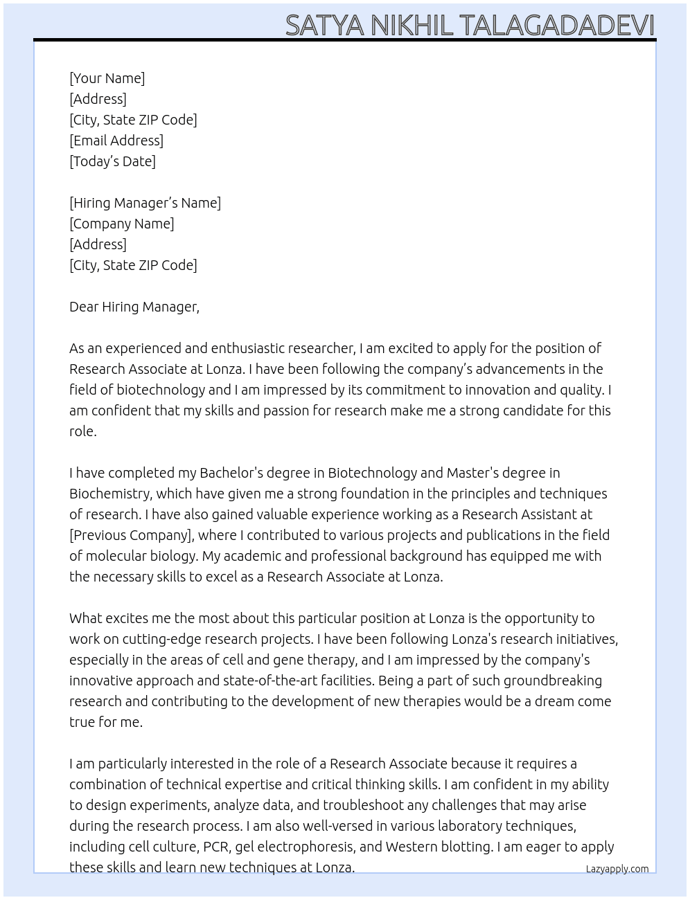 Research Associate At Lonza Cover Letter