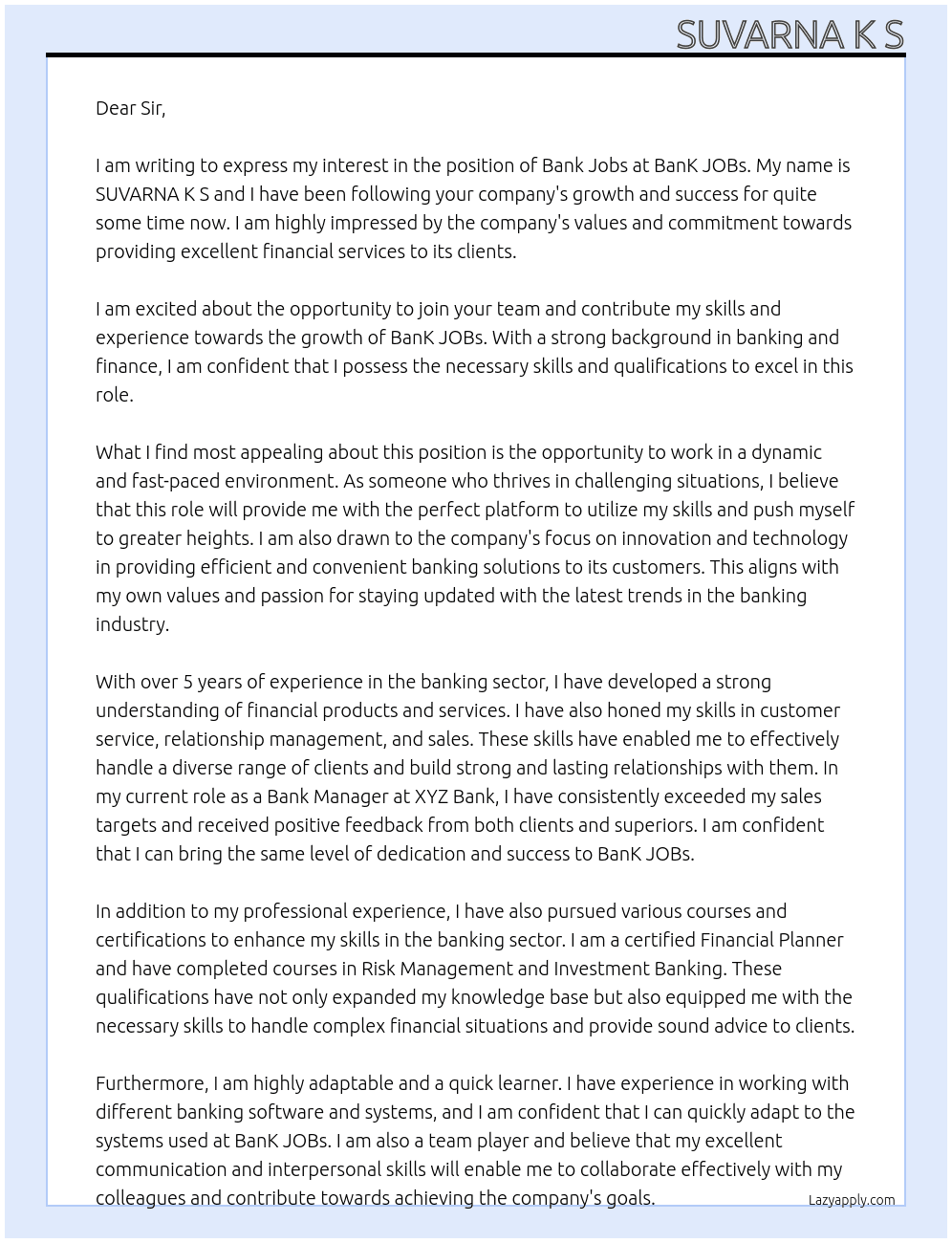 bANk jobS At BanK JOBs Cover Letter