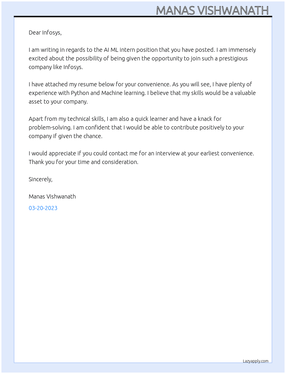 AI ML intern At Infosys Cover Letter