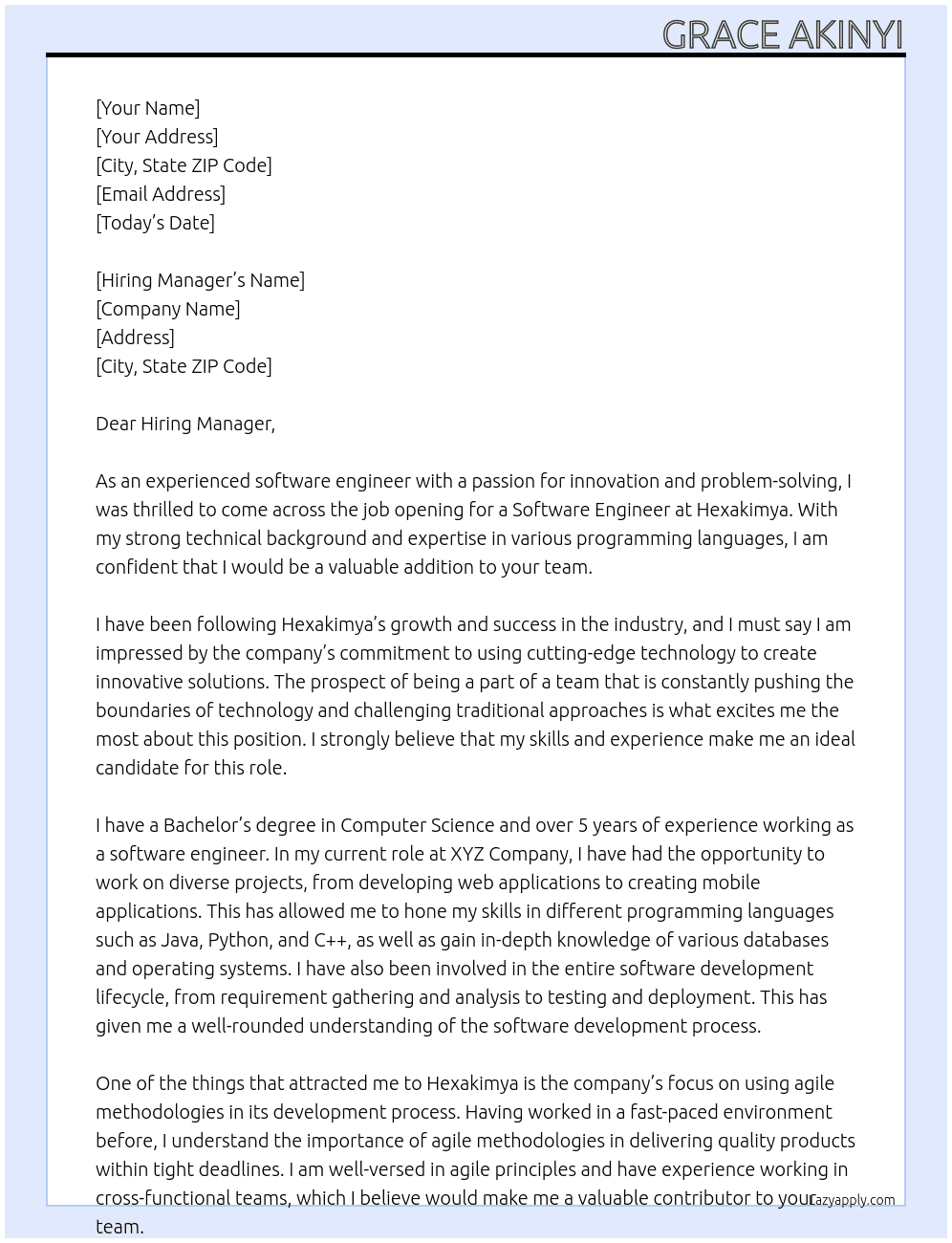 SOFTWARE ENGINEER At HEXAKIMYA Cover Letter