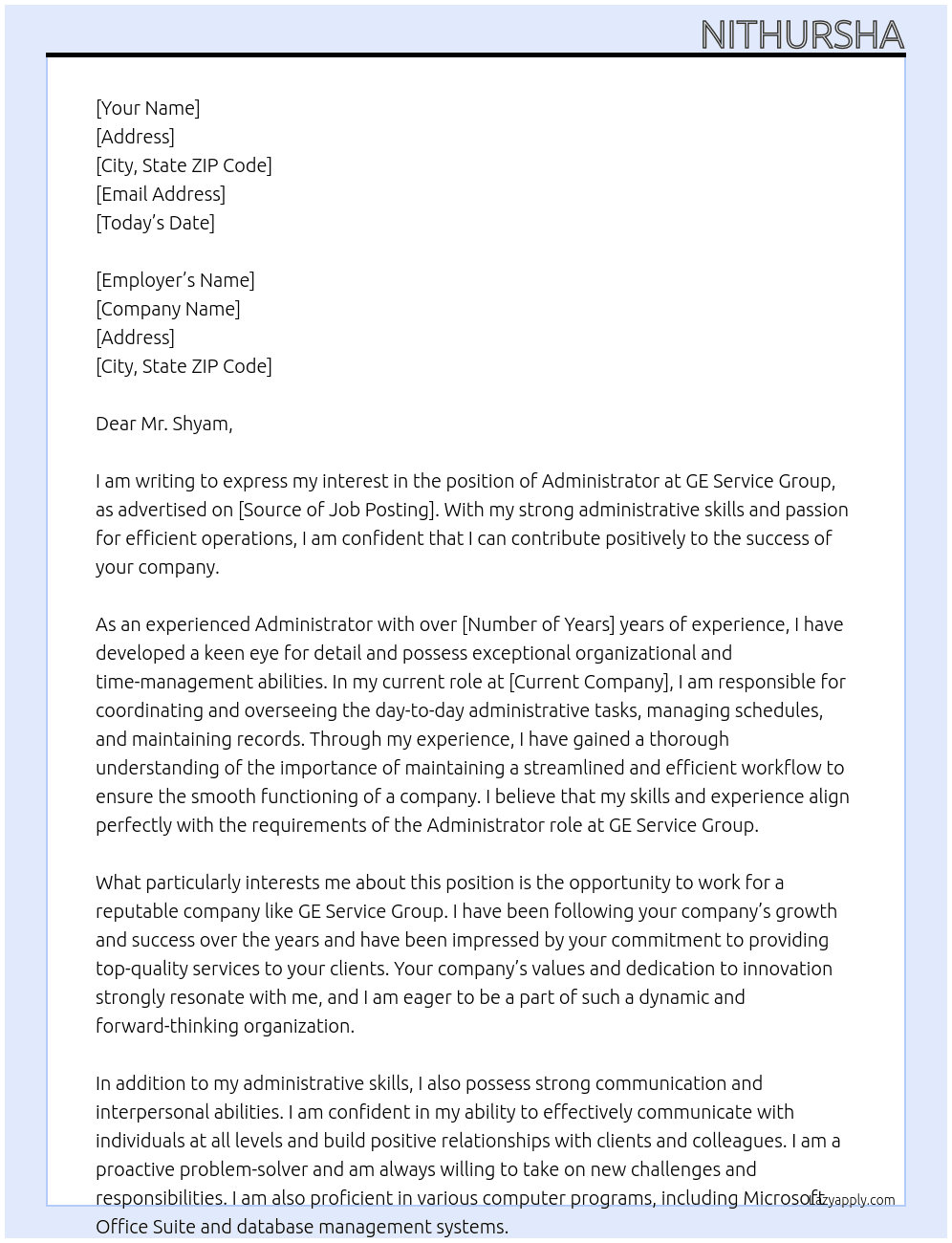 administrator At ge service group Cover Letter