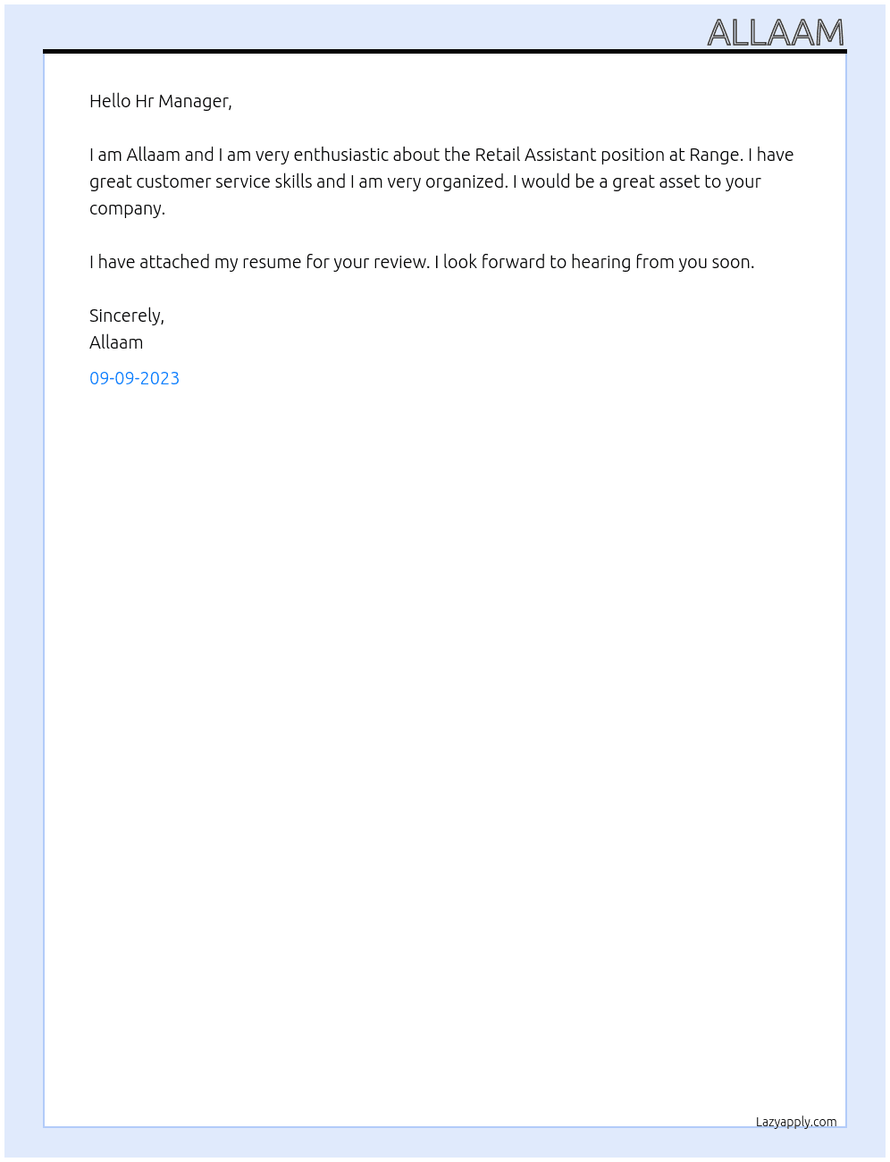 Retail Assistant At Range Cover Letter