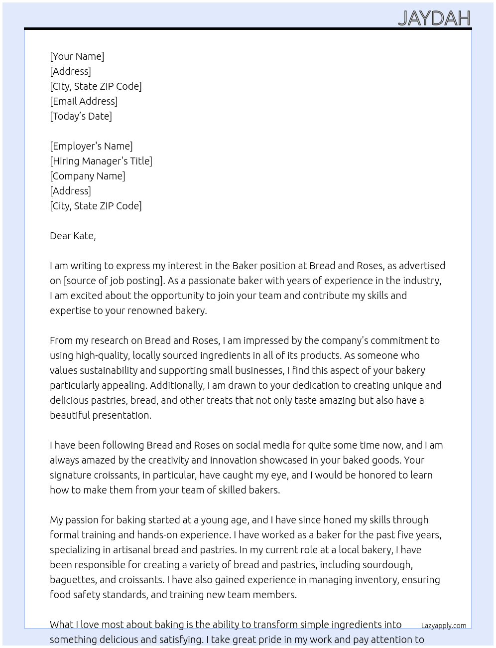 Baker At Bread and Roses Cover Letter