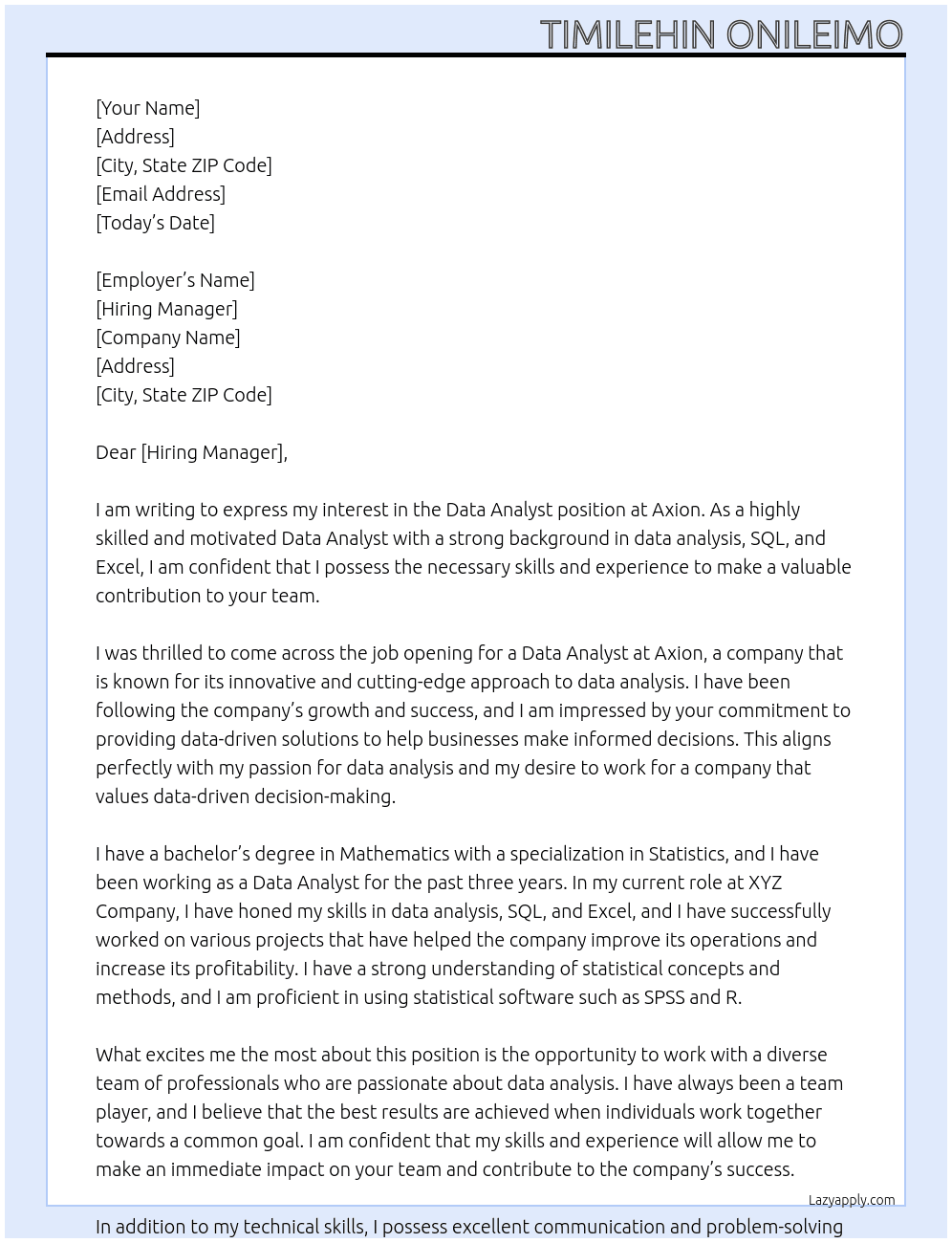 Data Analyst At Axion Cover Letter