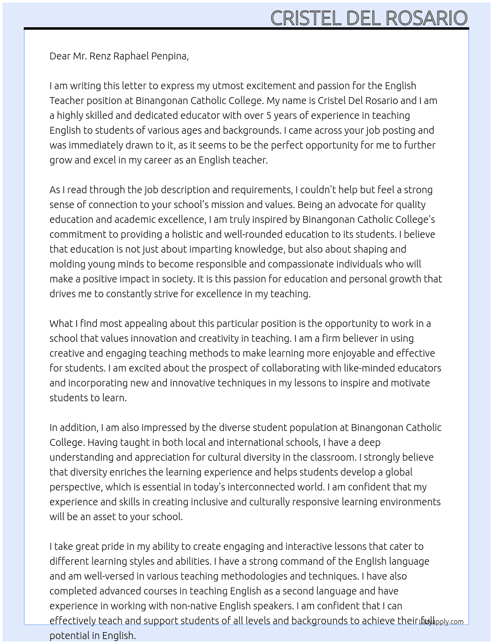 English Teacher At Binangonan Catholic College Cover Letter