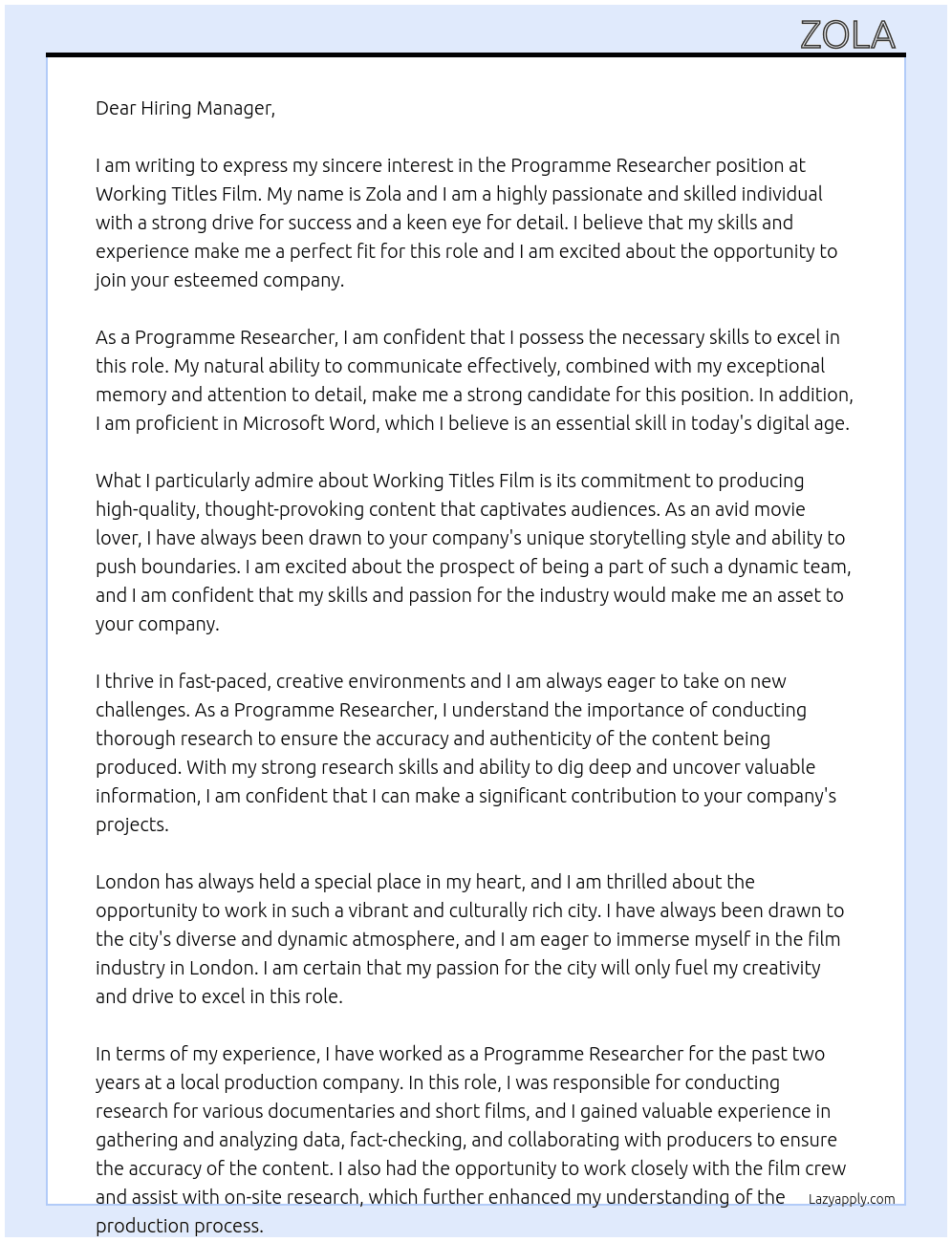 programme researcher At working titles film Cover Letter