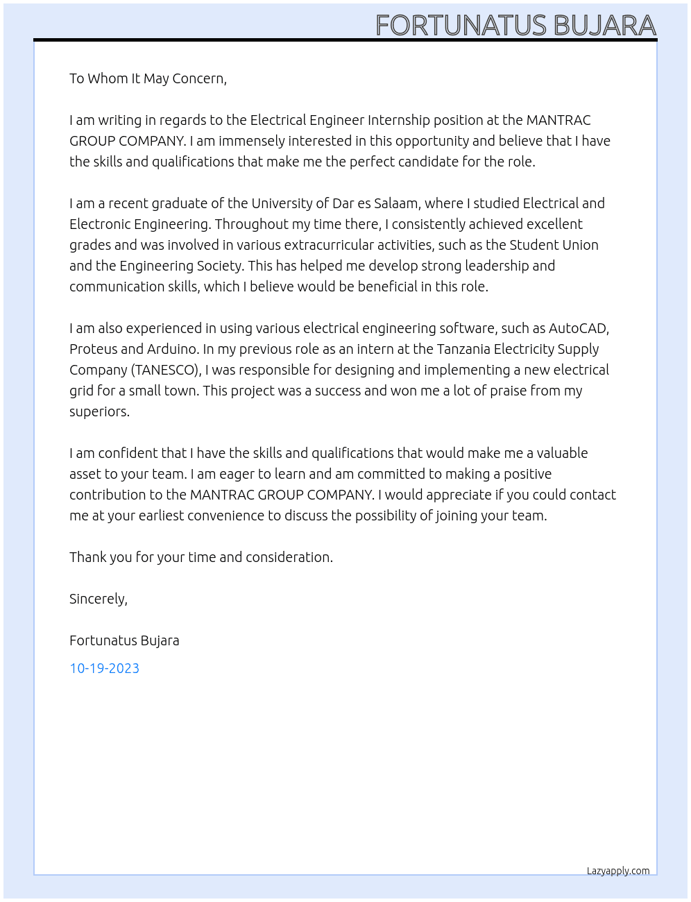 Electrical Engineer Internship At MANTRAC GROUP COMPANY Cover Letter