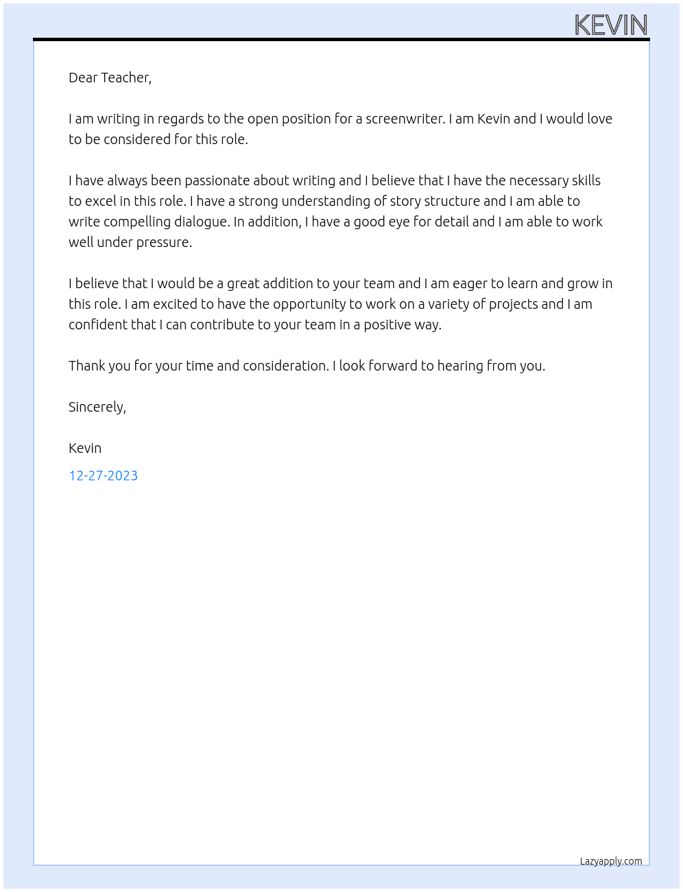 Screenwriter At Teacher Cover Letter