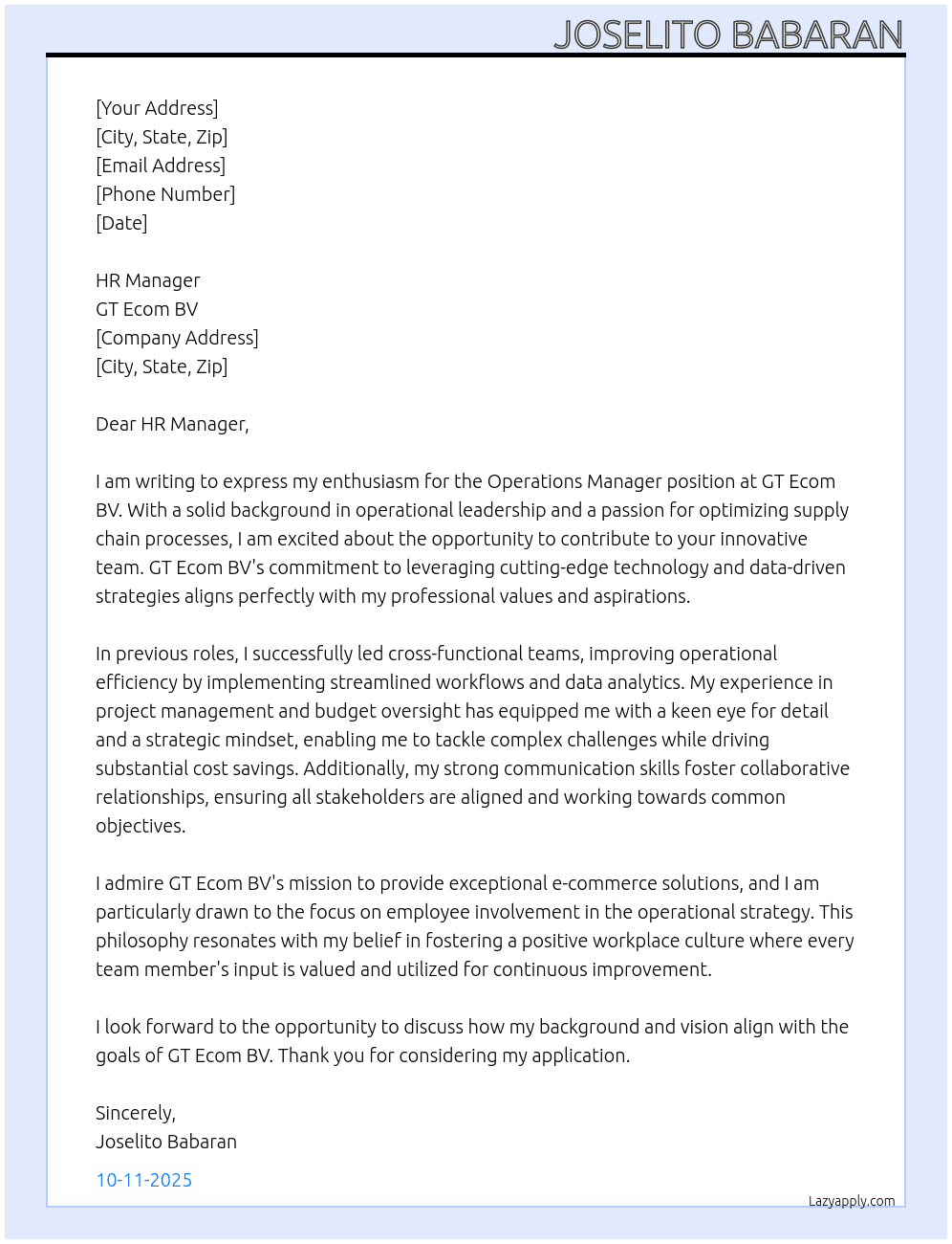 Operations Manager At GT Ecom BV Cover Letter