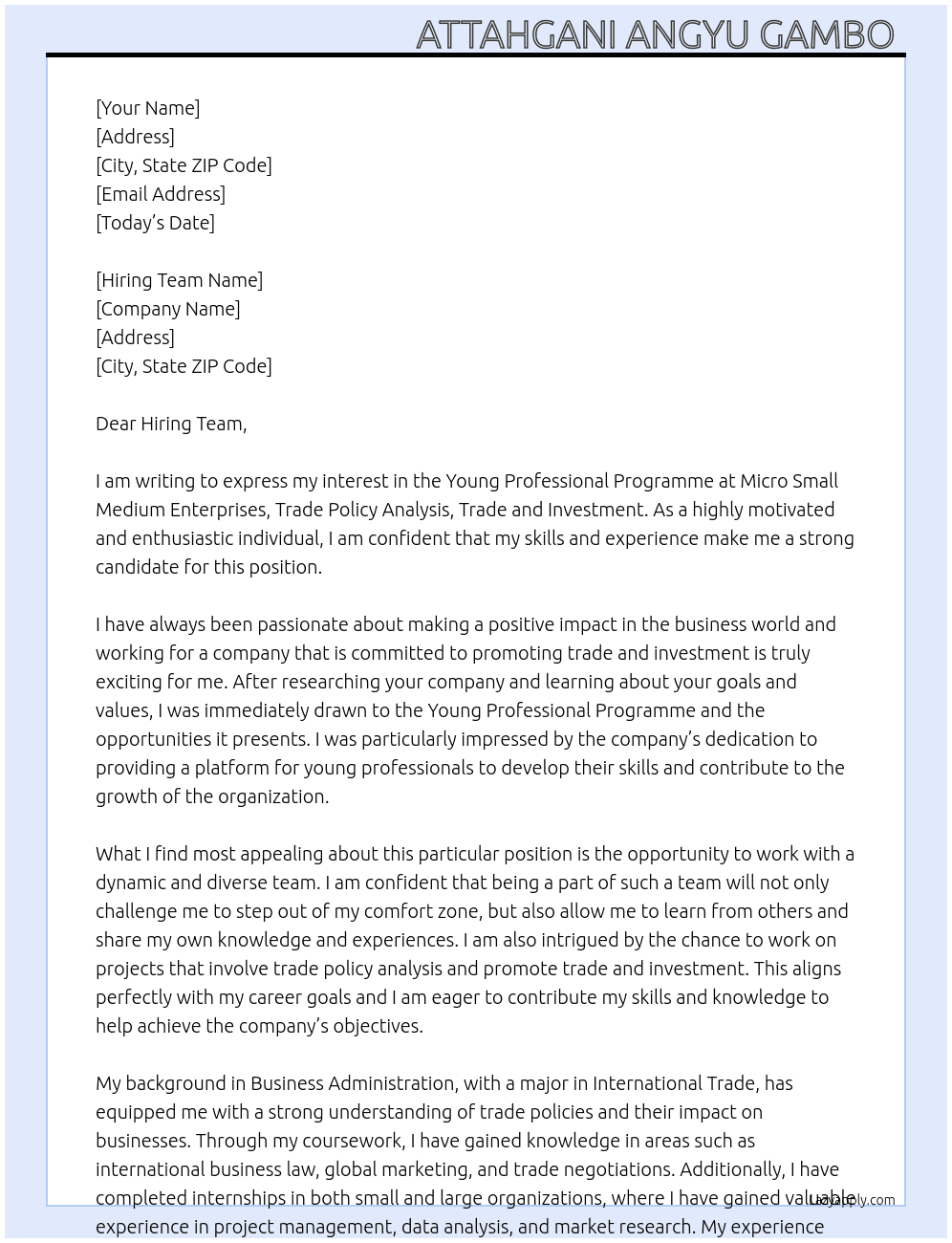 Young professional programme At micro small medium enterprises,trade policy analysis,Trade and investment  Cover Letter