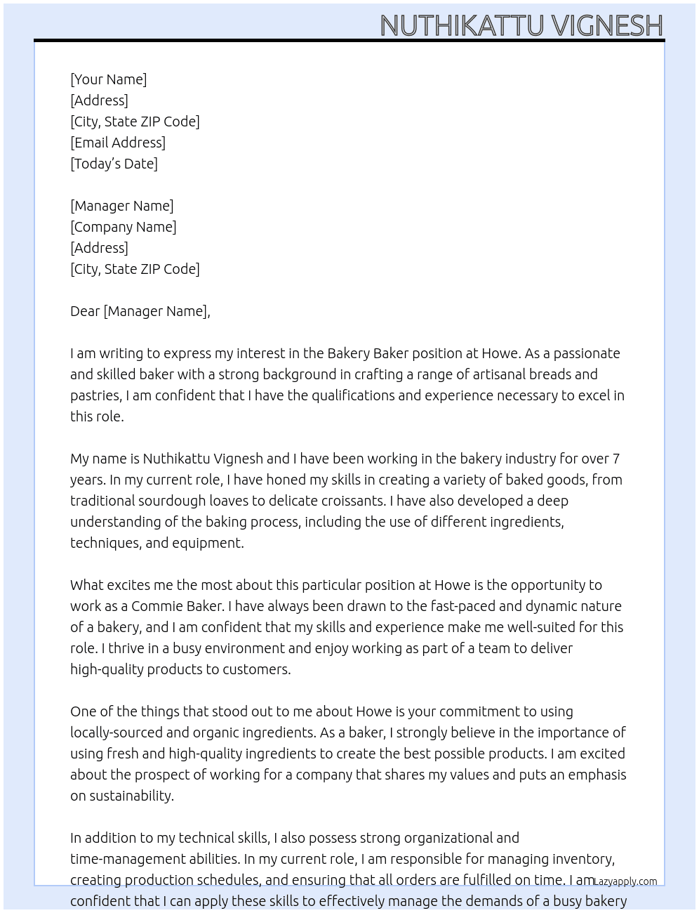 Bakery Baker At Howe Cover Letter