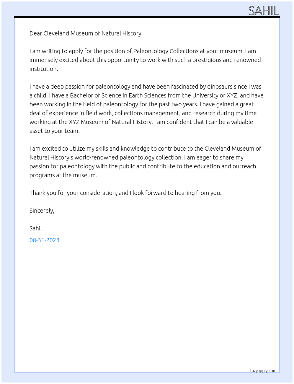 Paleontology Collections At Cleveland Museum of Natural History Cover Letter