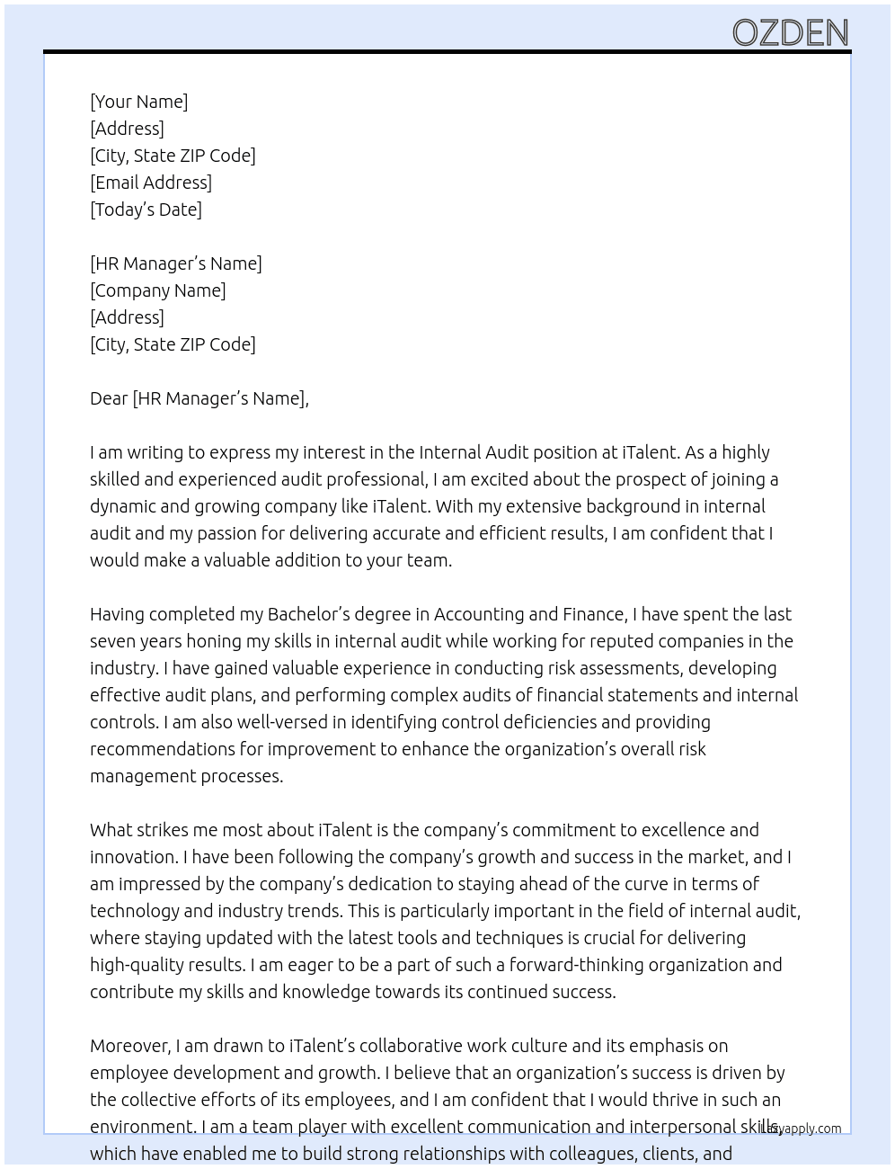 internal audit At italent Cover Letter