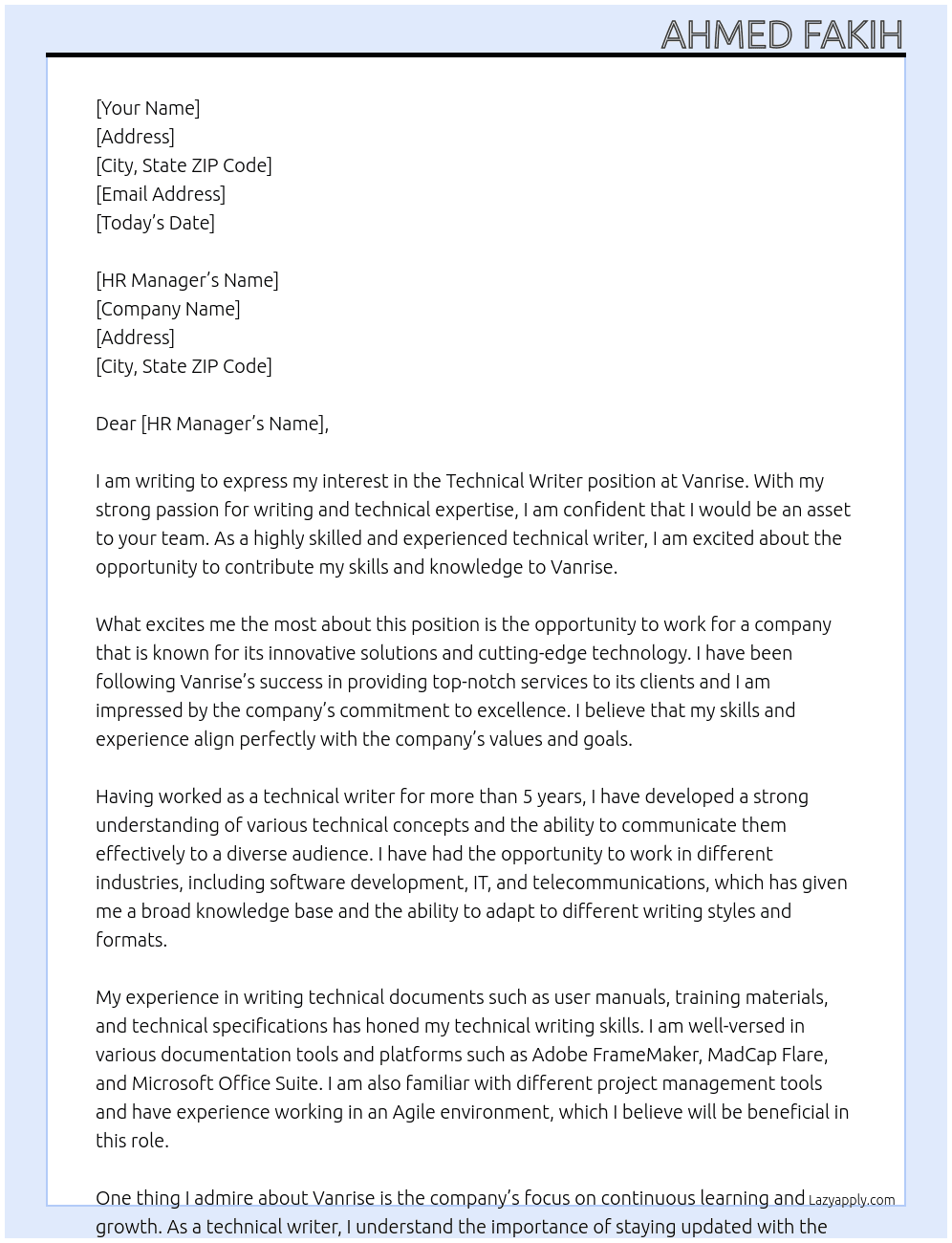 technical writer At vanrise Cover Letter