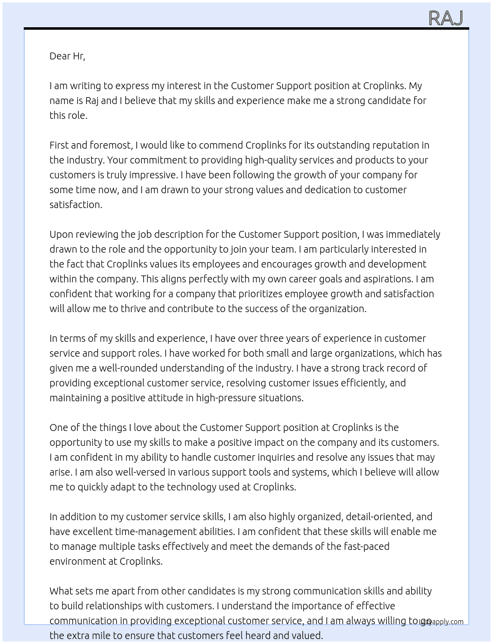 Customer support  At Croplinks Cover Letter