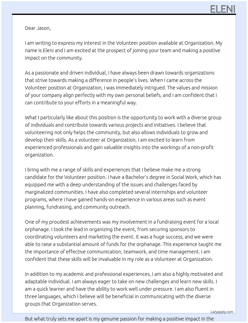 Volunteer At Organization Cover Letter