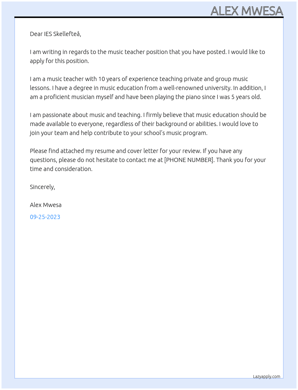 MUSIC TEACHER At IES Skellefteå Cover Letter