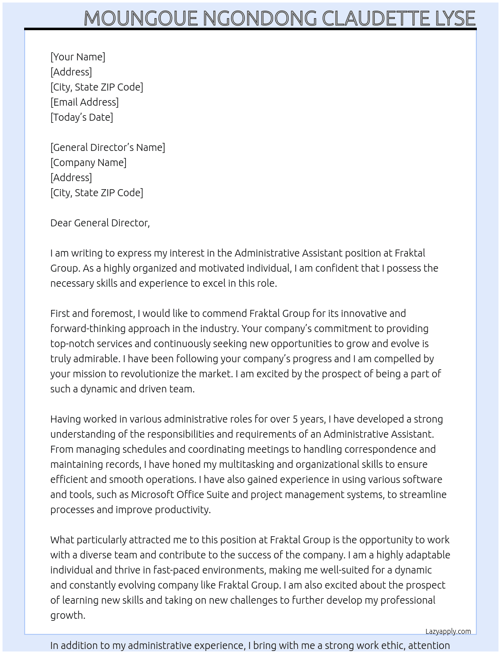 Administrative Assistant At FRAKTAL GROUP Cover Letter