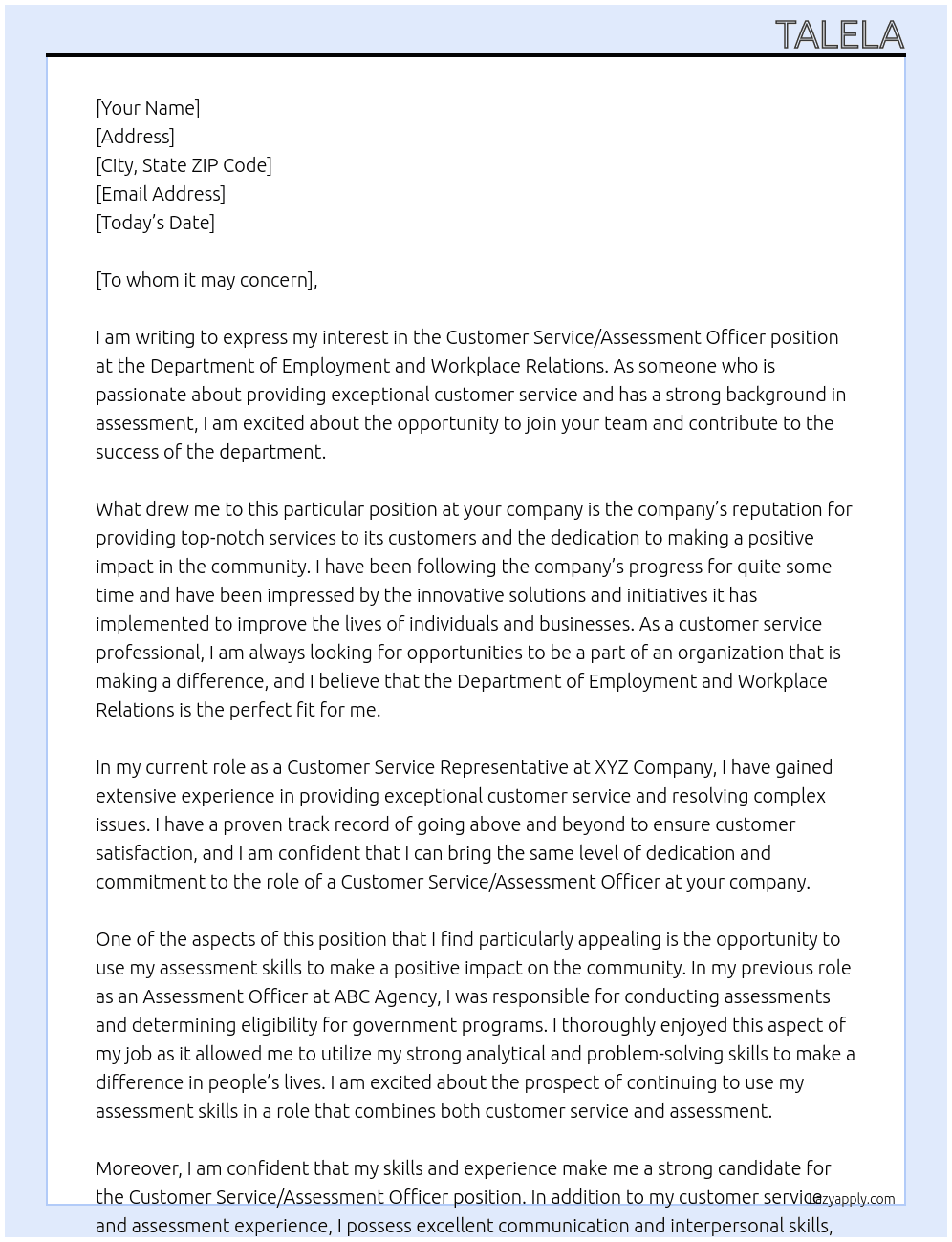 Customer Service/Assessment Officer  At Department of Employment and workplace relations Cover Letter