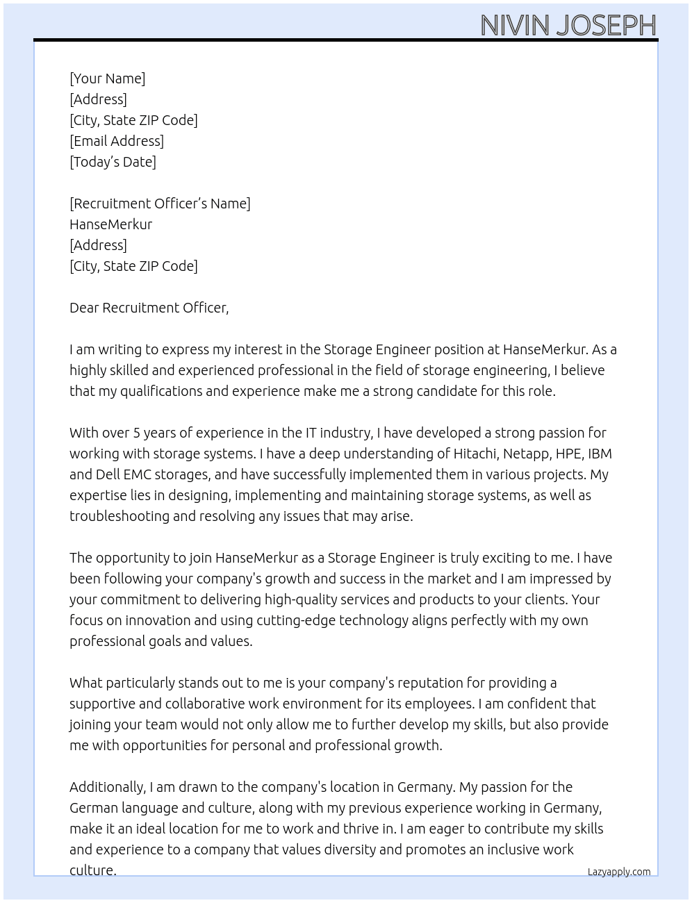 Storage Engineer At HanseMerkur Cover Letter