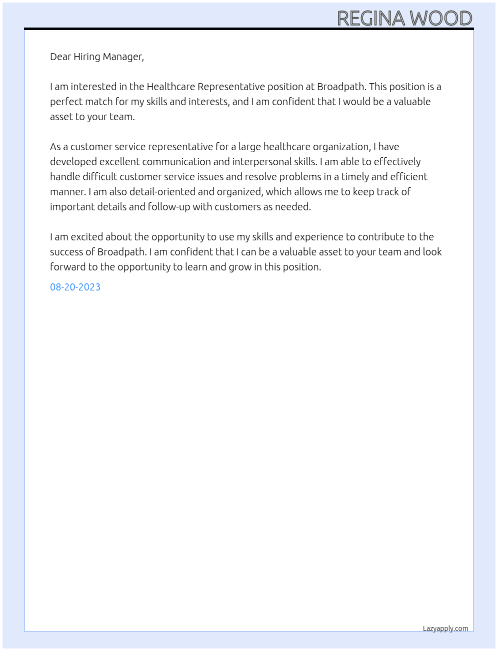 Healthcare Representative At Broadpath Cover Letter