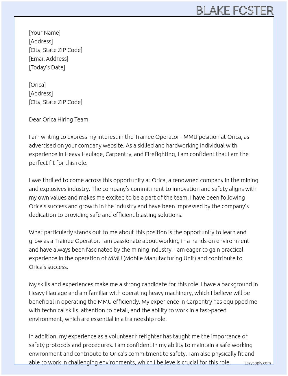 Trainee Operator - MMU At Orica Cover Letter