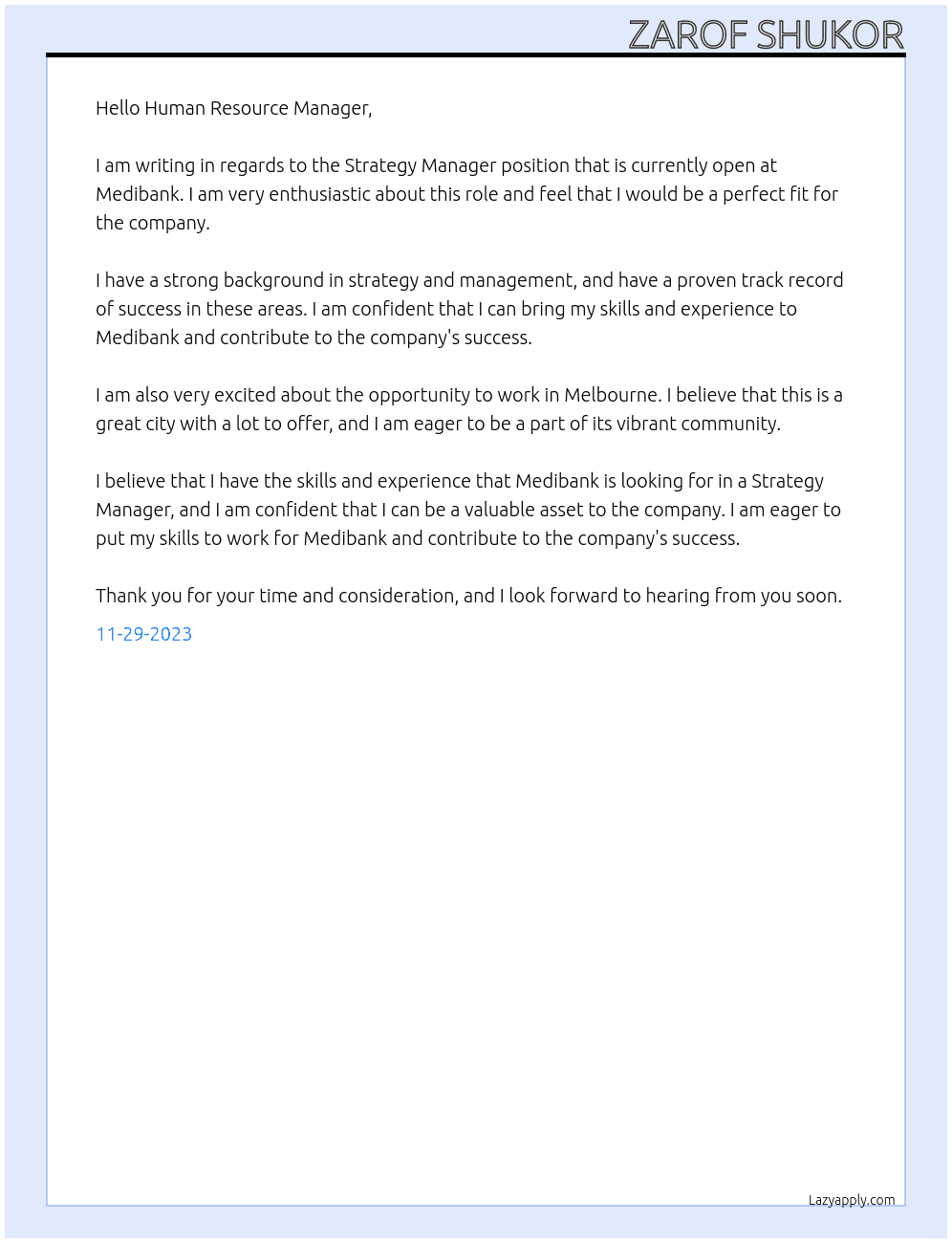Strategy Manager At Medibank Cover Letter