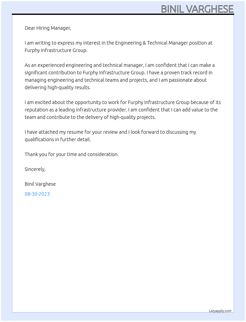 Engineering & Technical Manager At Furphy Infrastructure Group Cover Letter