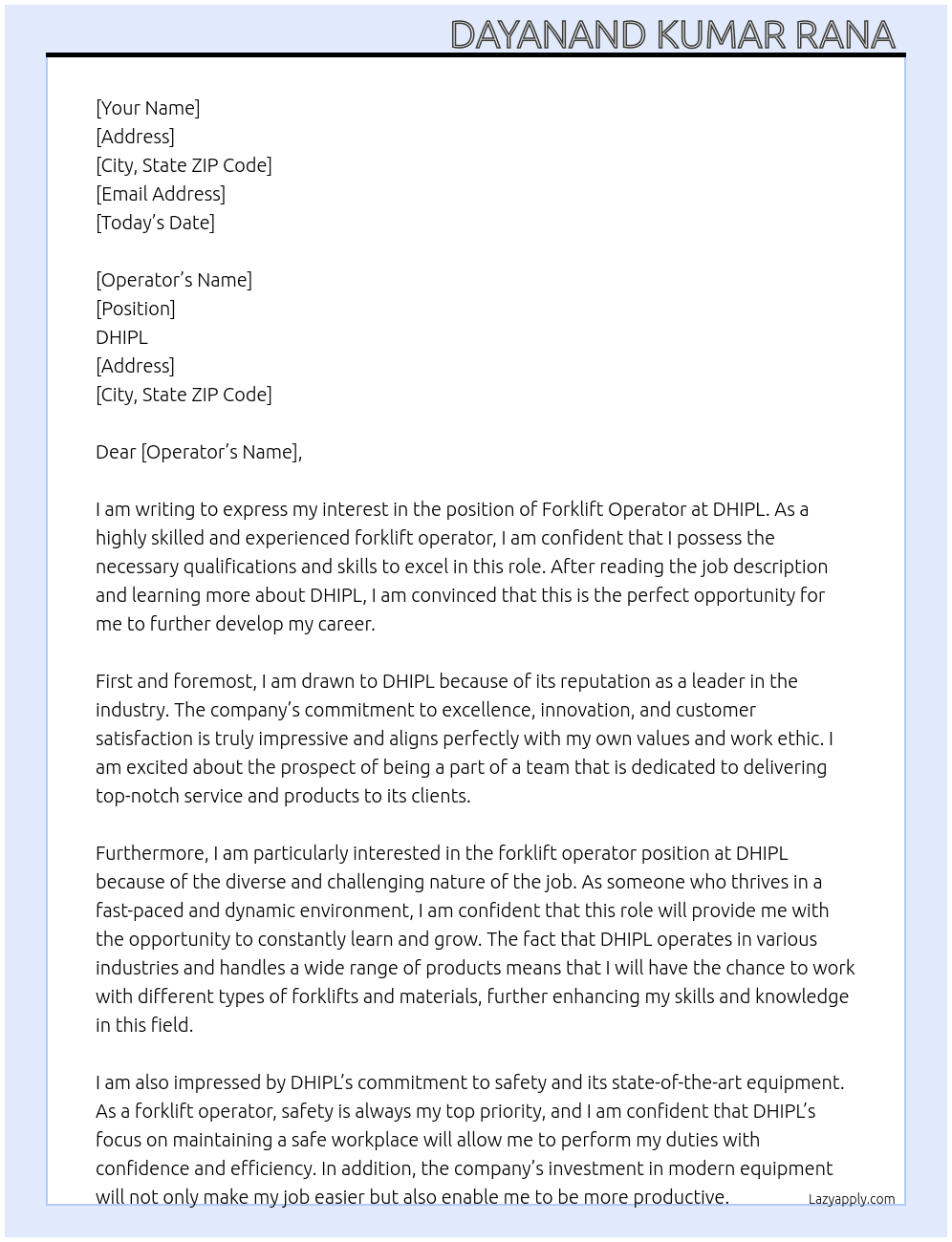 Forklift operator  At DHIPL Cover Letter