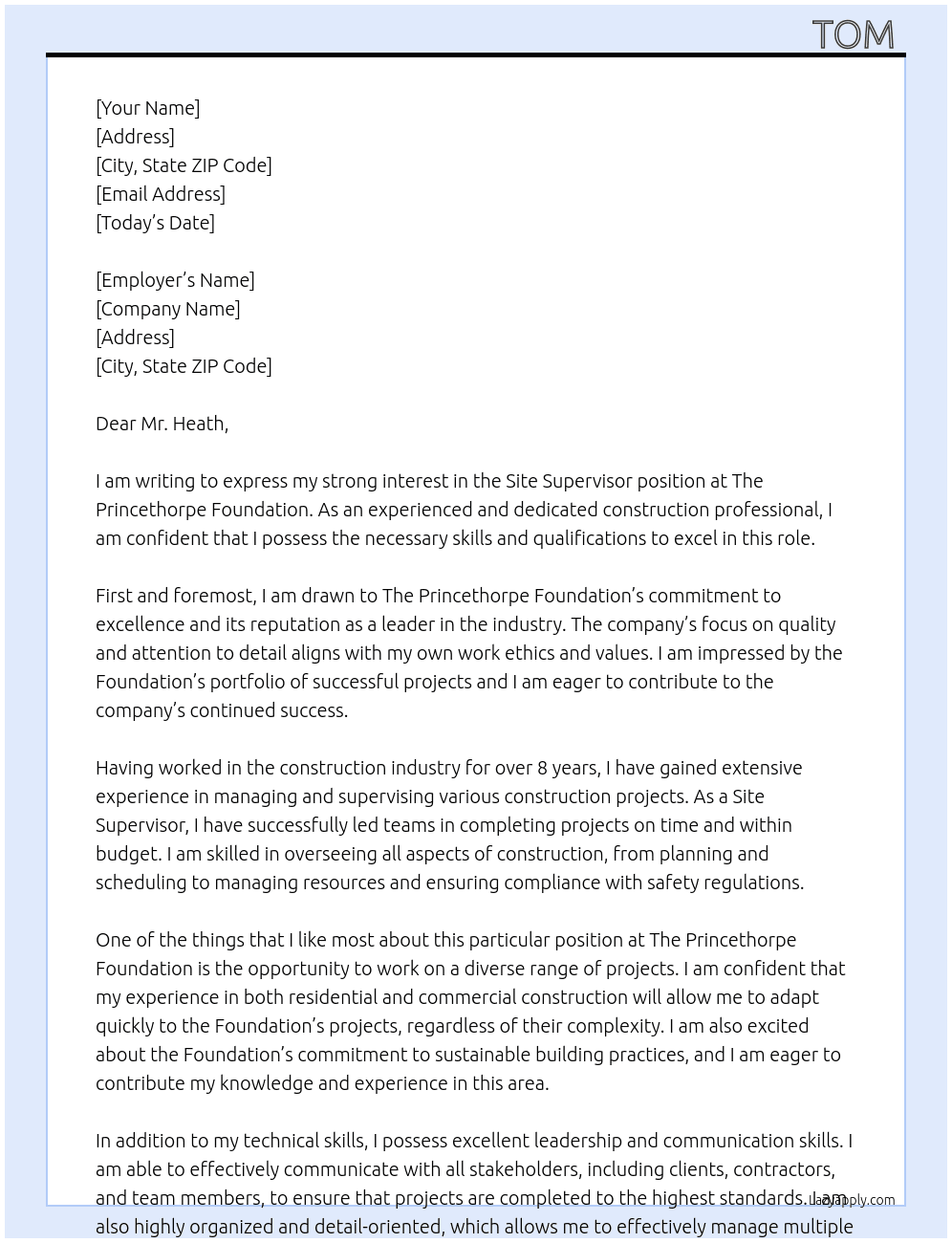 SITE SUPERVISOR At The Princethorpe Foundation Cover Letter