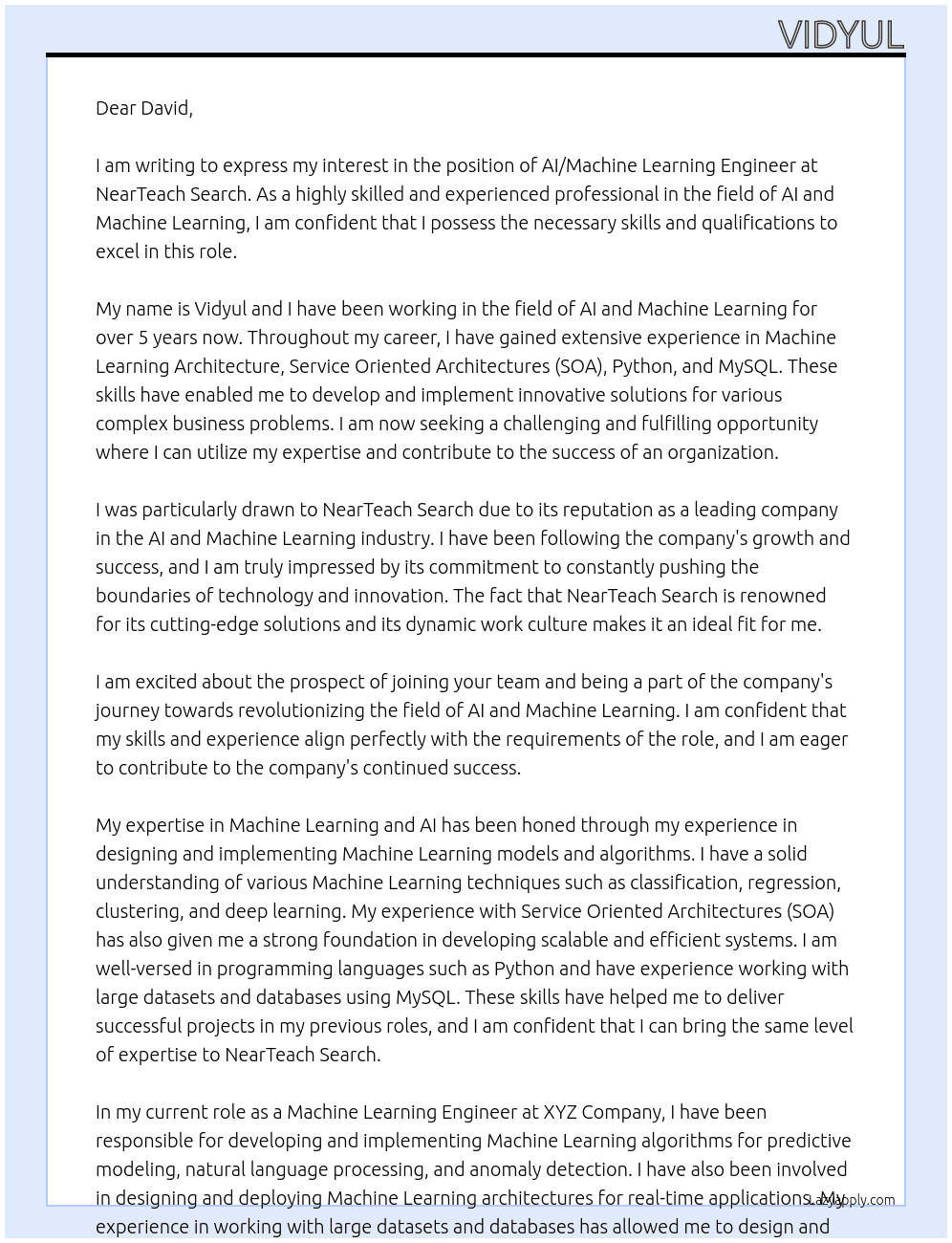 AI/Machine Learning Engineer At NearTeach Search Cover Letter
