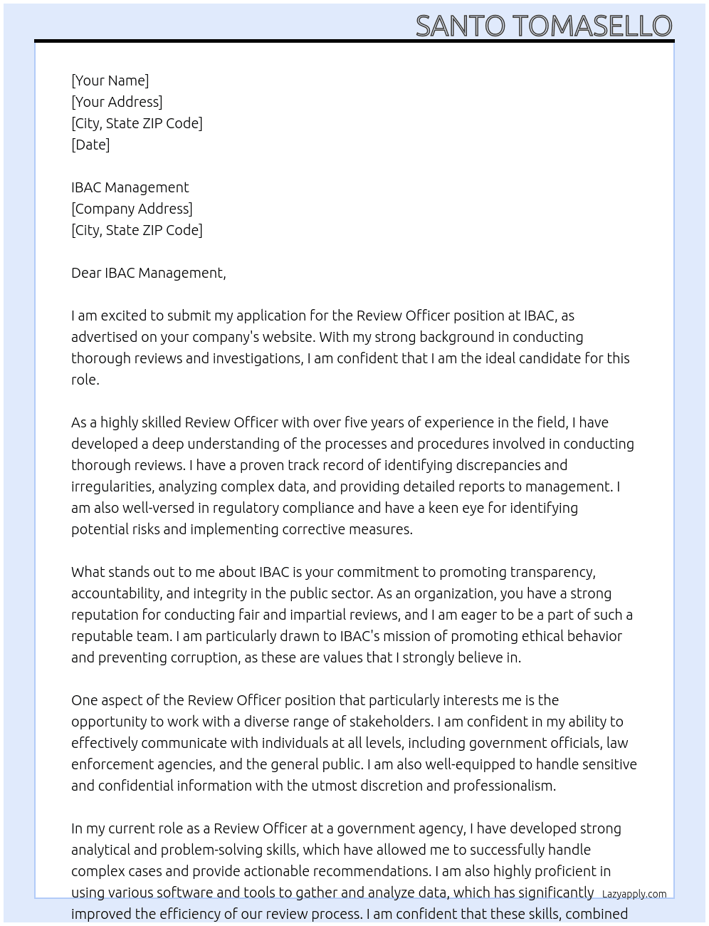 Review officer  At IBAC Cover Letter