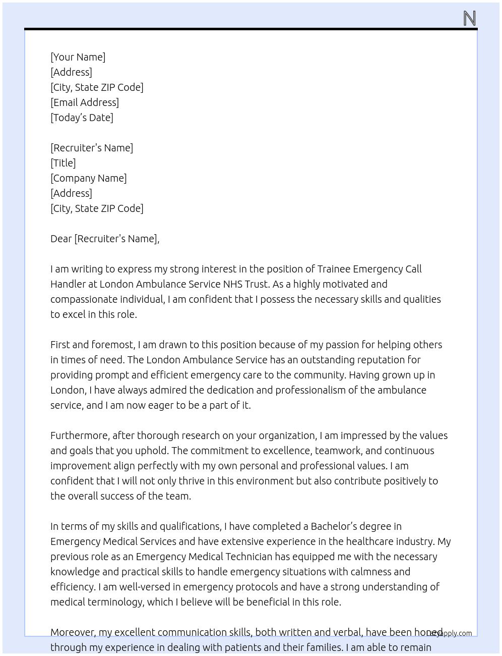 Trainee Emergency Call Handler At London Ambulance Service NHS Trust Cover Letter