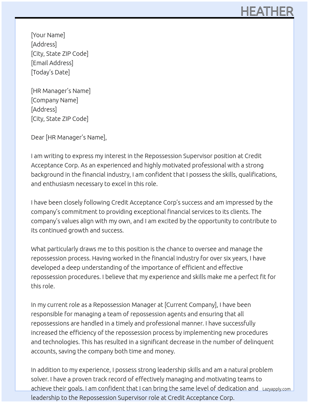 Repossession Supervisor At Credit Acceptance Corp Cover Letter