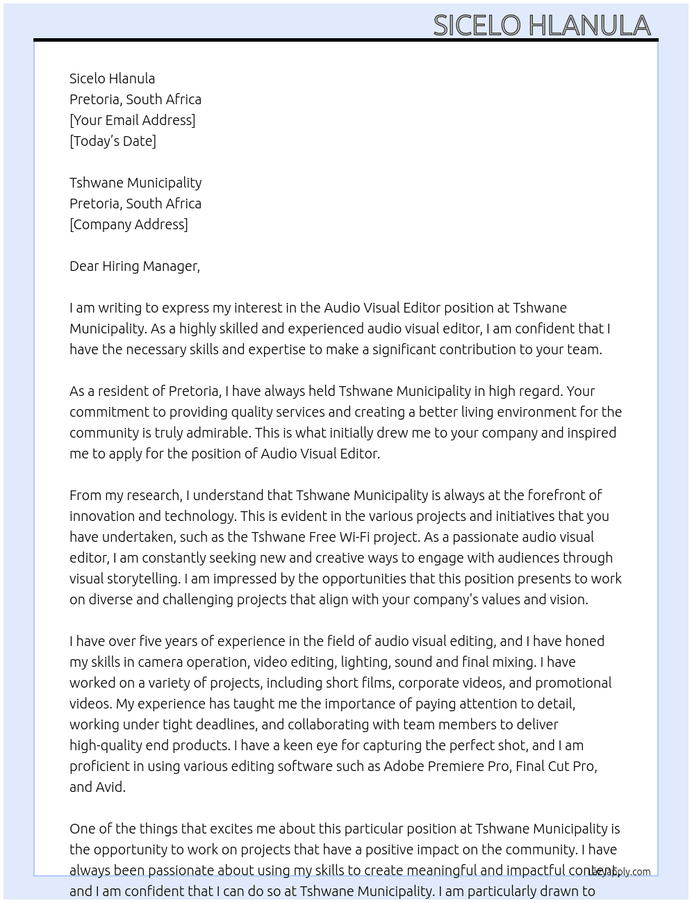 Audio visual editor  At Tshwane municipality  Cover Letter