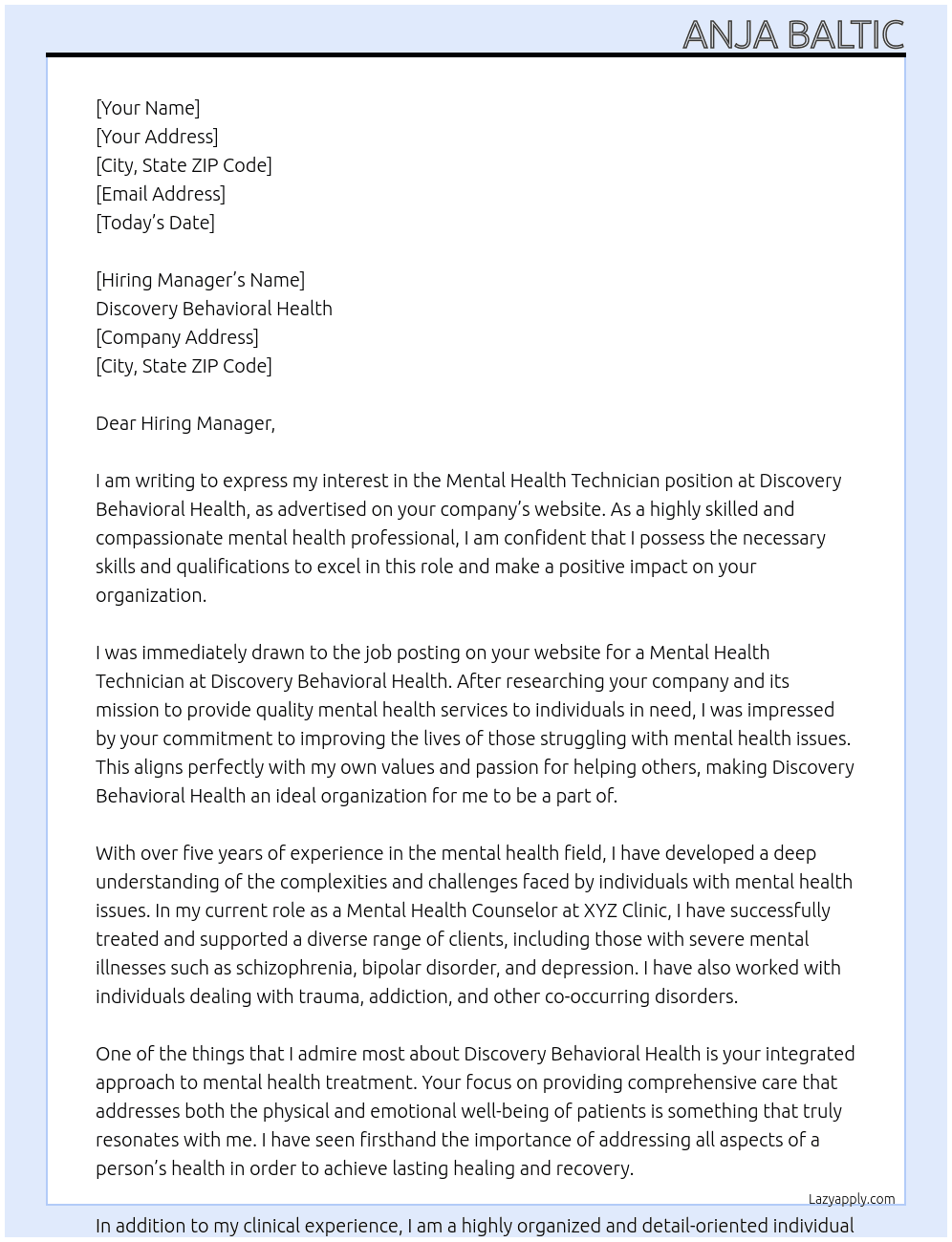 mental health technician At Discovery Behavorial Health Cover Letter