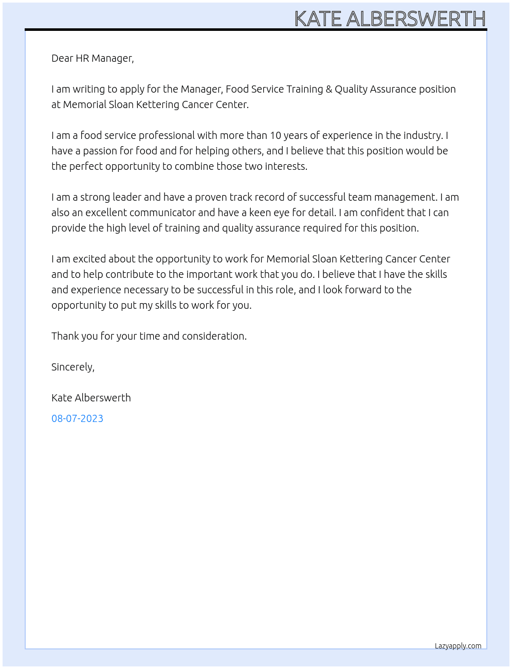 Manager, Food Service Training & Quality Assurance At Memorial Sloan Kettering Cancer Center Cover Letter