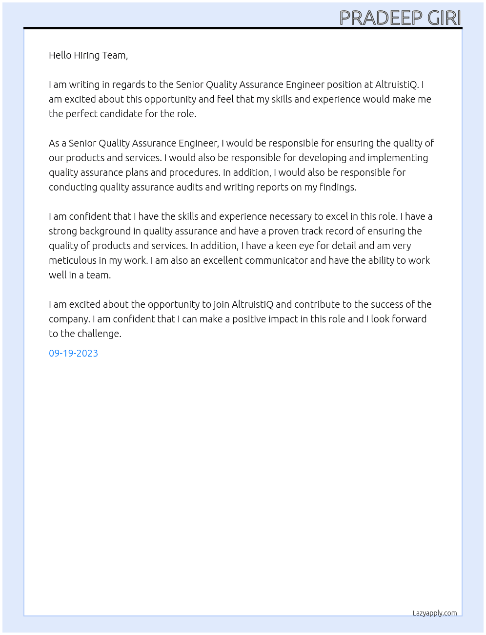 Senior Quality Assurance Engineer At AltruistiQ Cover Letter