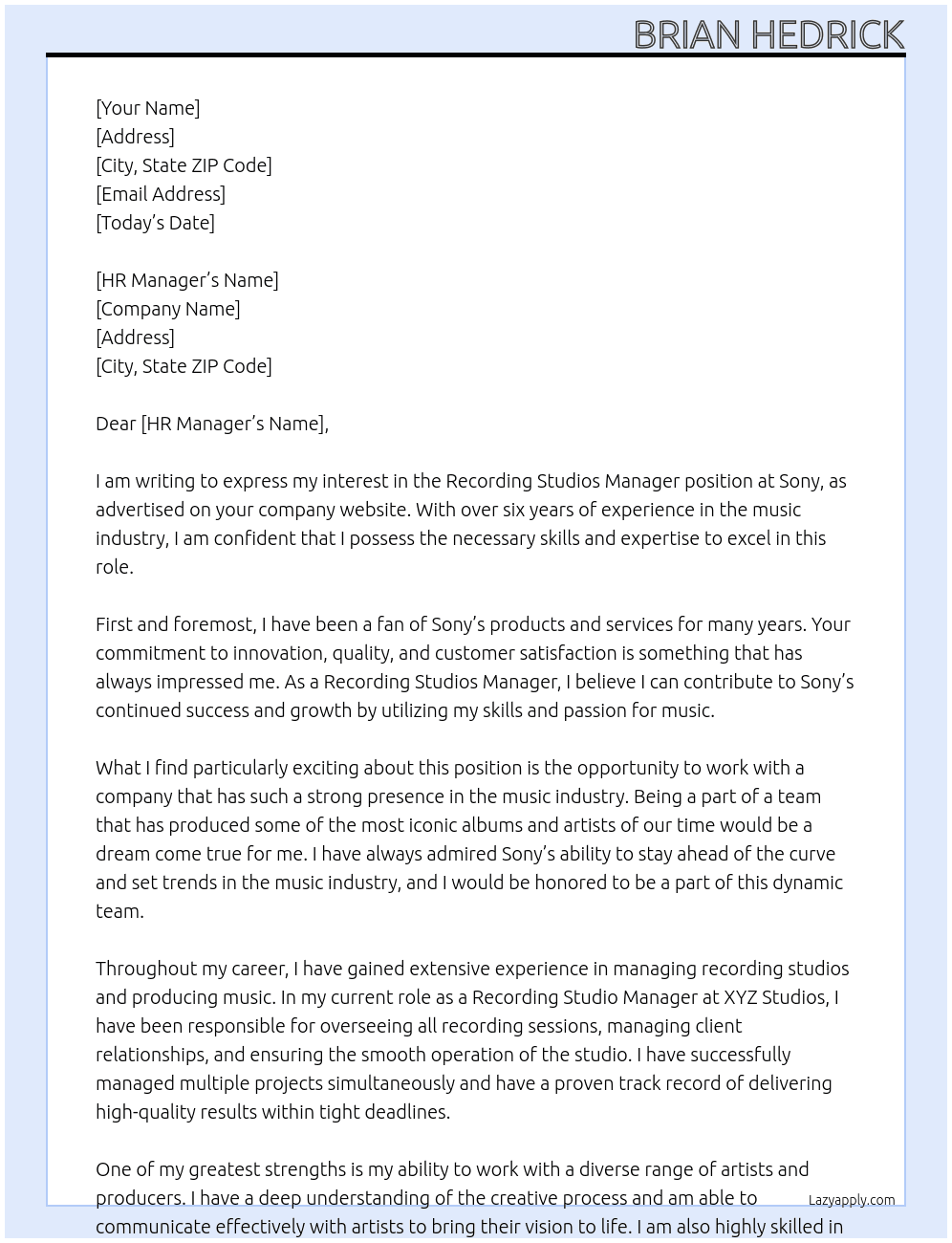 Recording Studios Manager At Sony Cover Letter