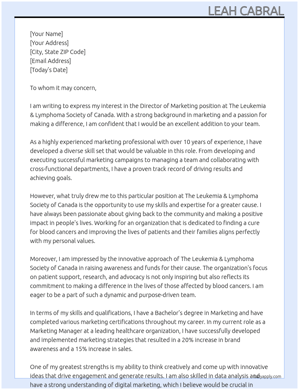 Director of Marketing At The Leukemia & Lymphoma Society of Canada Cover Letter